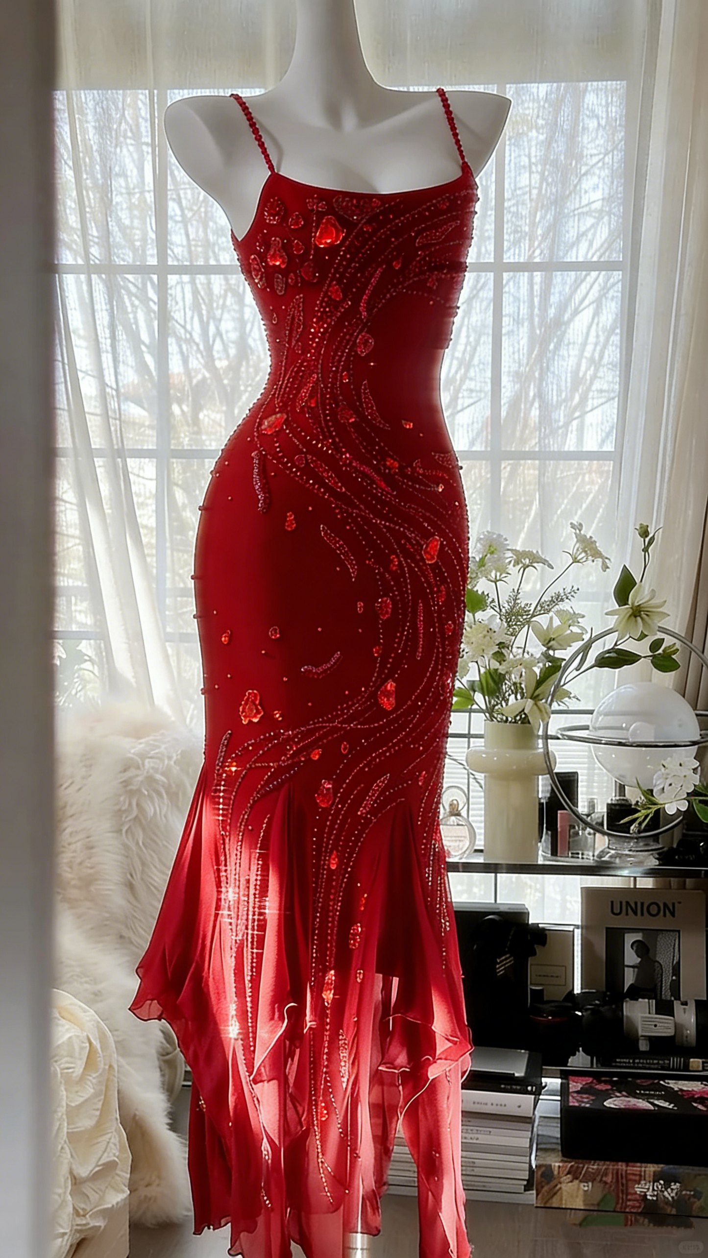 Retro schönes Schultergurt-Perlen-Chiffon-Abendkleid mit unregelmäßigem Rock P3285