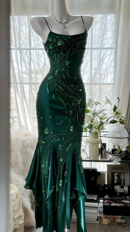 Retro schönes Schultergurt-Perlen-Chiffon-Abendkleid mit unregelmäßigem Rock P3285