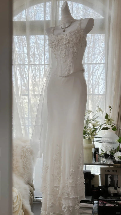 Elegant White Strap Herringbone Beaded Chiffon Evening Gown Prom Dress –  PreppyDress