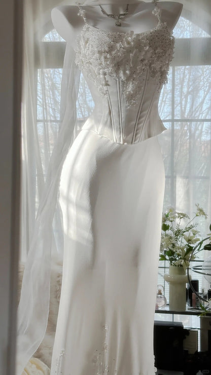 Elegant White Strap Herringbone Beaded Chiffon Evening Gown Prom Dress   PreppyDress