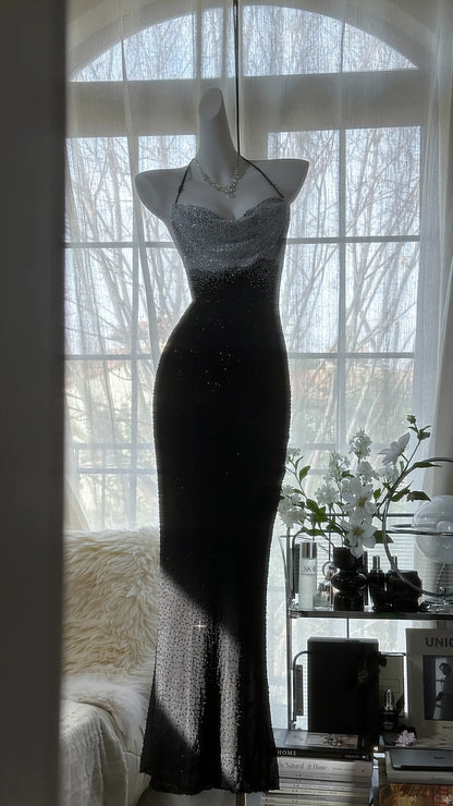 Sexy Neckholder Rückenfrei Perlenbesetztes Chiffon Schwarzes Meerjungfrau Abendkleid Ballkleid P3287