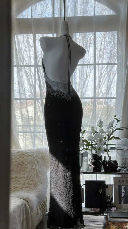 Sexy Halter Neck Backless Beaded Chiffon Black Mermaid Evening Gown Pr   PreppyDress