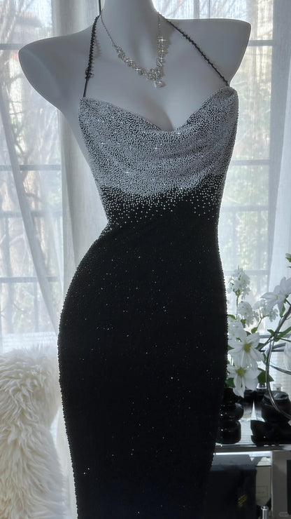 Sexy Neckholder Rückenfrei Perlenbesetztes Chiffon Schwarzes Meerjungfrau Abendkleid Ballkleid P3287