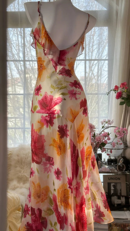 Buntes bedrucktes V-Ausschnitt Chiffon Meerjungfrau Abschlussballkleid P3288