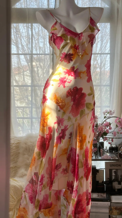 Buntes bedrucktes V-Ausschnitt Chiffon Meerjungfrau Abschlussballkleid P3288