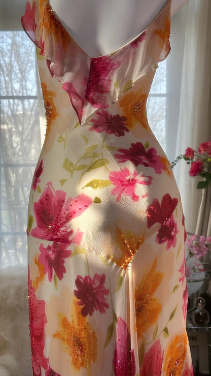 Buntes bedrucktes V-Ausschnitt Chiffon Meerjungfrau Abschlussballkleid P3288
