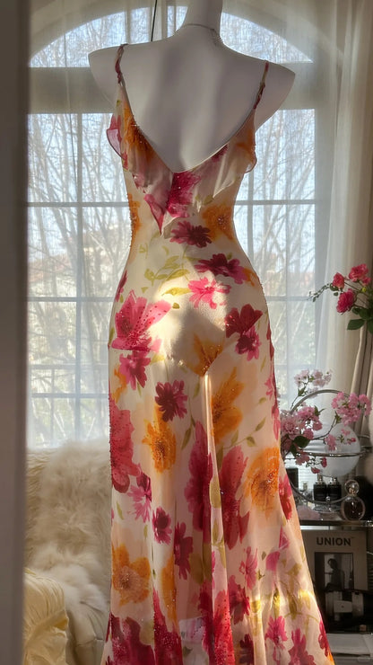Buntes bedrucktes V-Ausschnitt Chiffon Meerjungfrau Abschlussballkleid P3288
