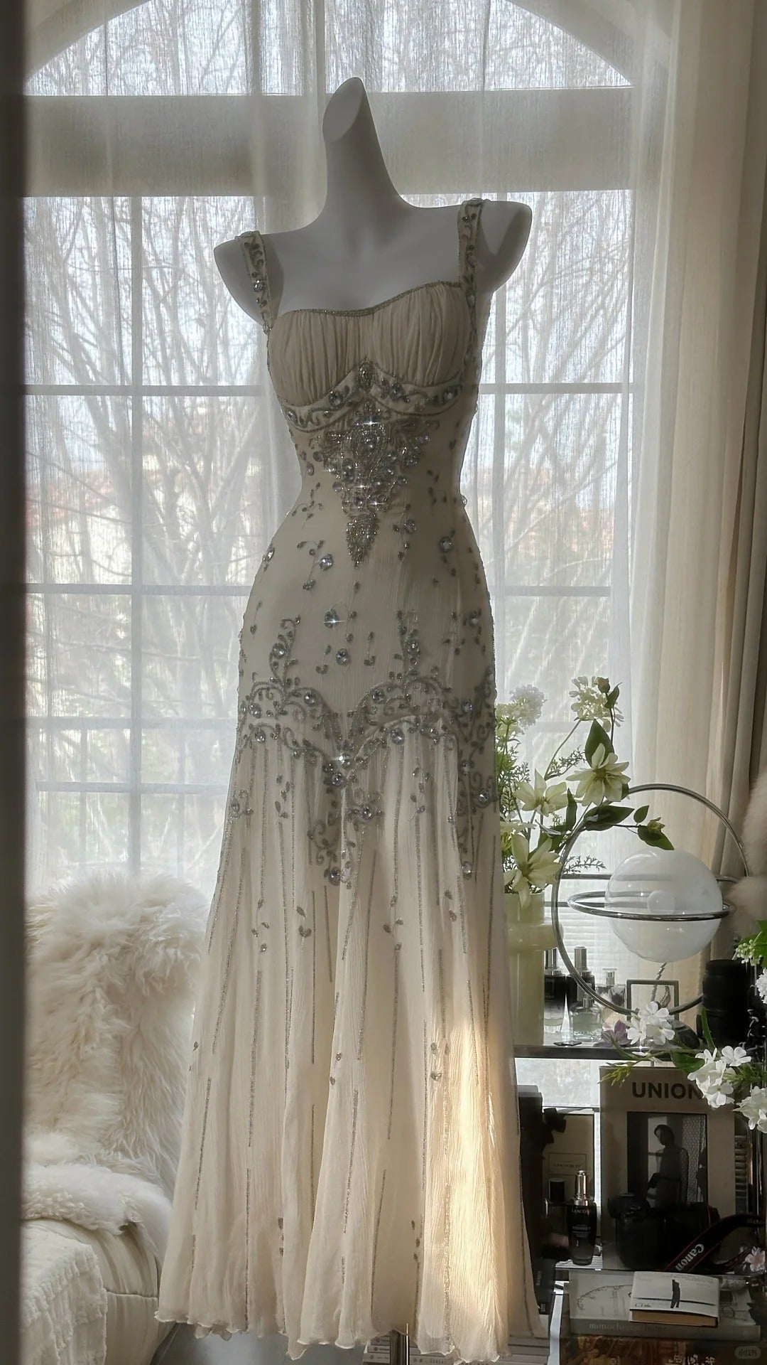 Vintage White Beaded Chiffon Mermaid Prom Dress P3293