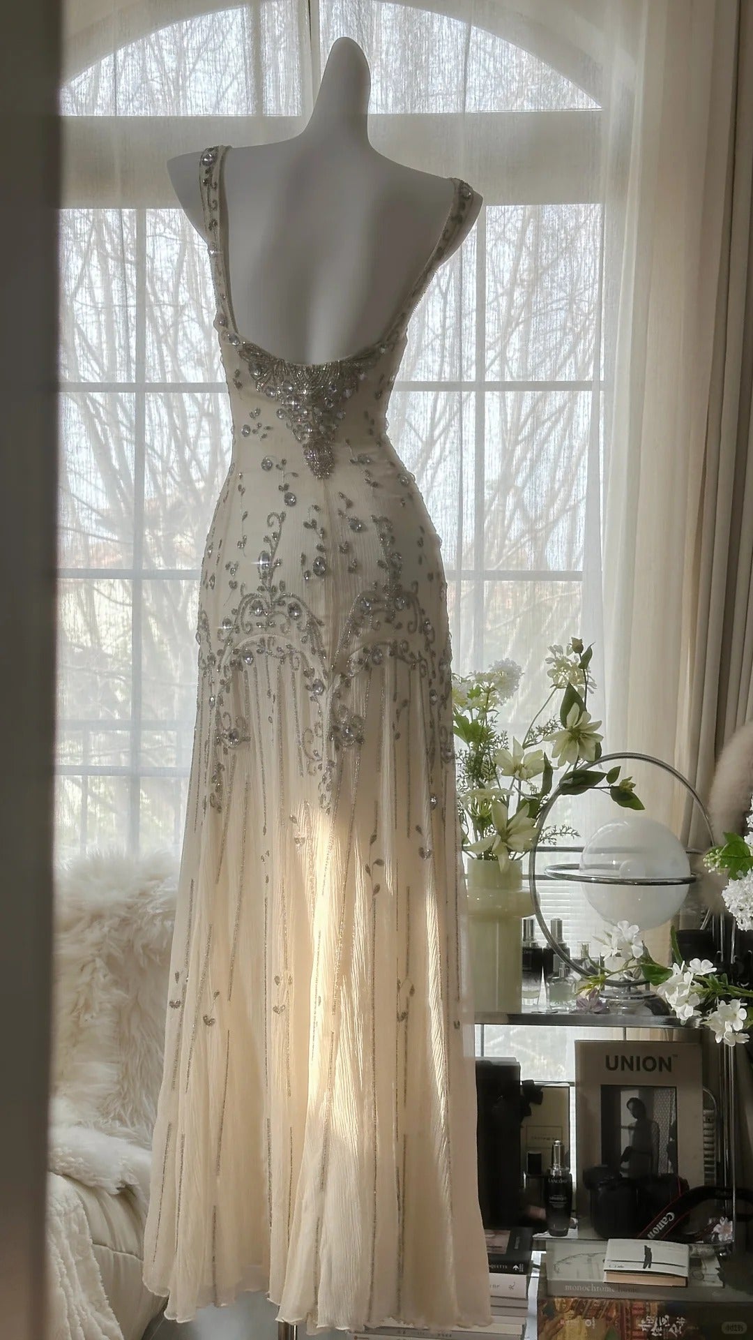 Vintage White Beaded Chiffon Mermaid Prom Dress P3293