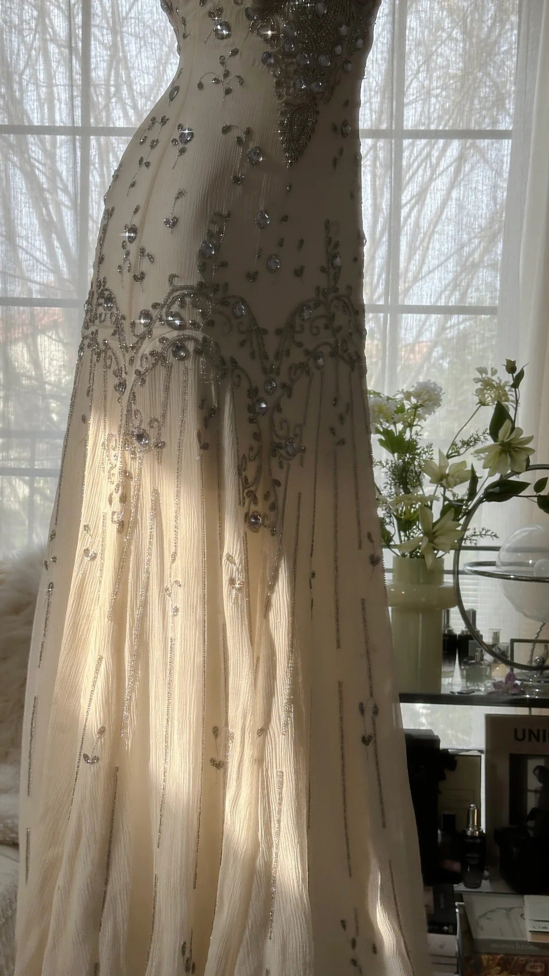 Vintage White Beaded Chiffon Mermaid Prom Dress P3293