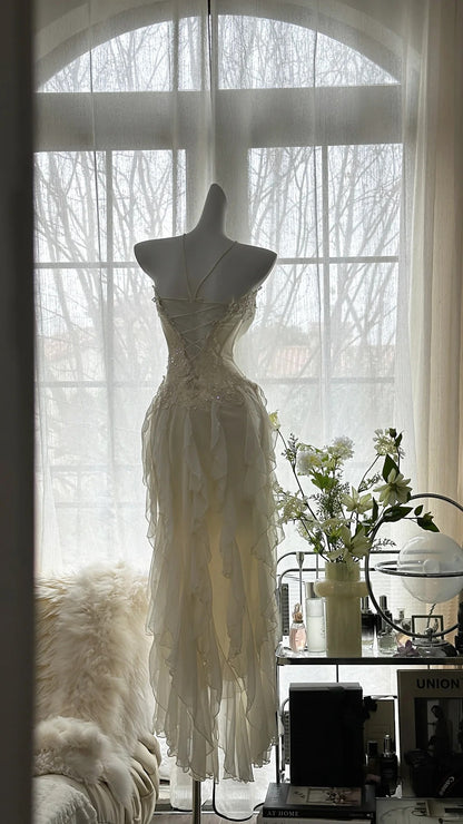 strapless open back dress Zapaka Women White Prom Dress with Split Front Mermaid Off The Shoulder Party Dress, White / US20W main image 1