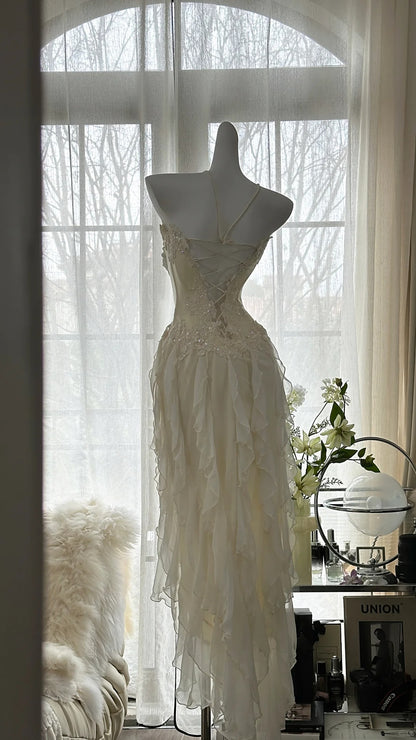 Robe de bal en mousseline P3294, bustier féerique à col cœur et jupe froncée en perles de bois