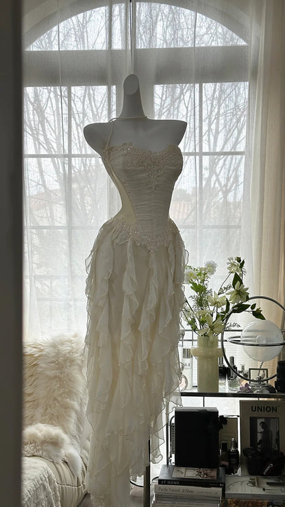 Robe de bal en mousseline P3294, bustier féerique à col cœur et jupe froncée en perles de bois