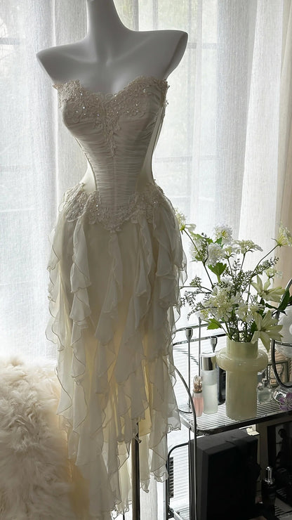 Robe de bal en mousseline P3294, bustier féerique à col cœur et jupe froncée en perles de bois