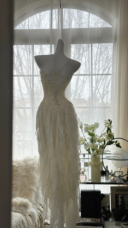 Robe de bal en mousseline P3294, bustier féerique à col cœur et jupe froncée en perles de bois