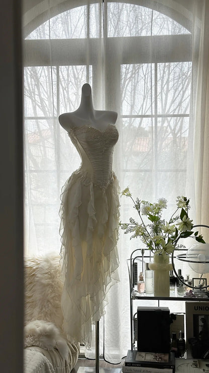 Robe de bal en mousseline P3294, bustier féerique à col cœur et jupe froncée en perles de bois