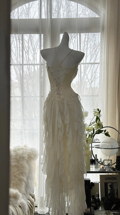 Robe de bal en mousseline P3294, bustier féerique à col cœur et jupe froncée en perles de bois
