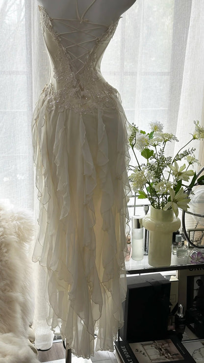 Robe de bal en mousseline P3294, bustier féerique à col cœur et jupe froncée en perles de bois