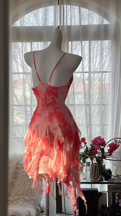 Wunderschönes Grapefruit-Chiffon-Kleid mit Perlen und unregelmäßigem Saum für den Abschlussball P3295