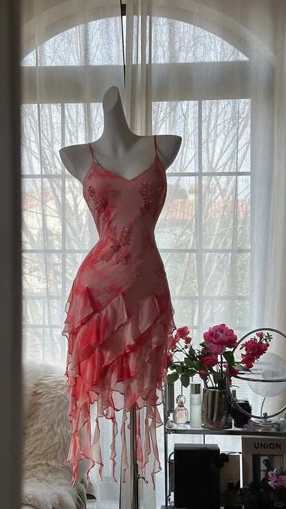 Wunderschönes Grapefruit-Chiffon-Kleid mit Perlen und unregelmäßigem Saum für den Abschlussball P3295