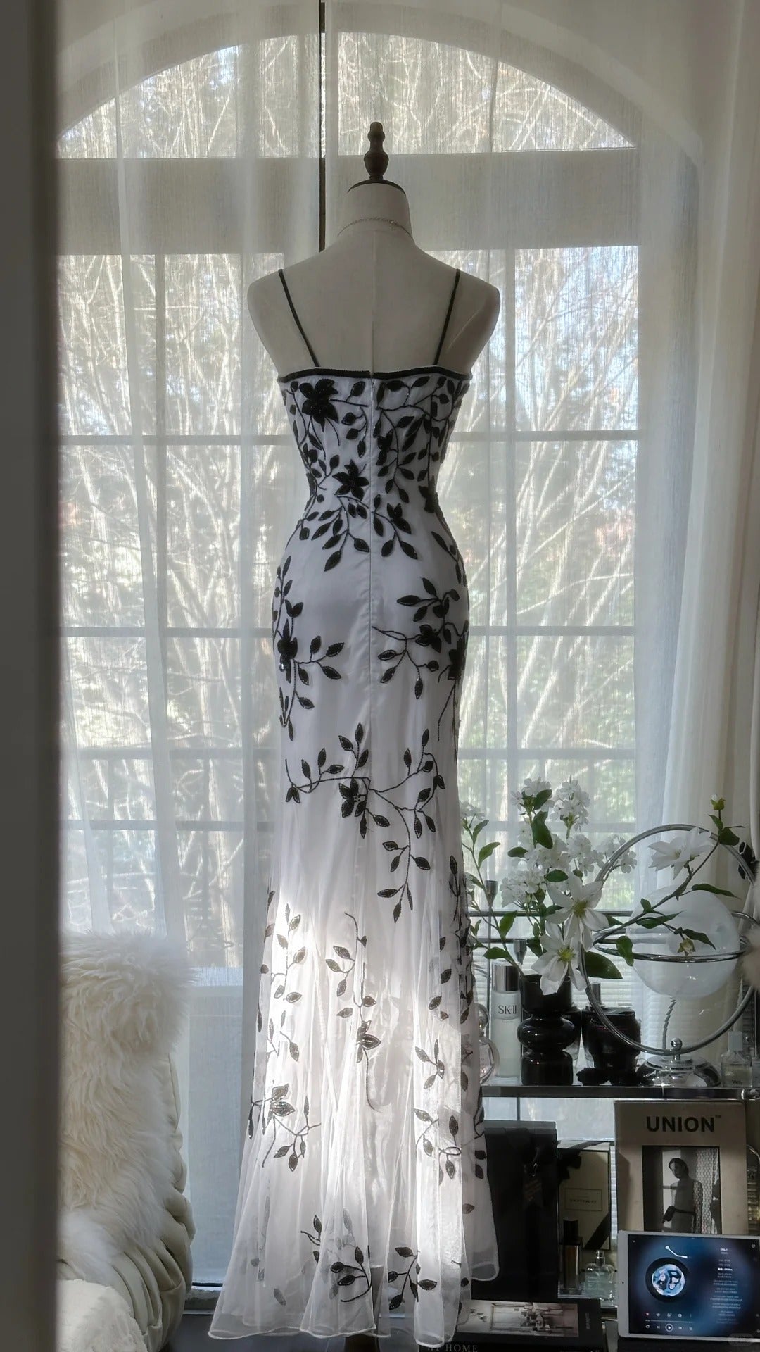 Vintage Bamboo Shadow Beaded Strap Chiffon Evening Gown Prom Dress P3296
