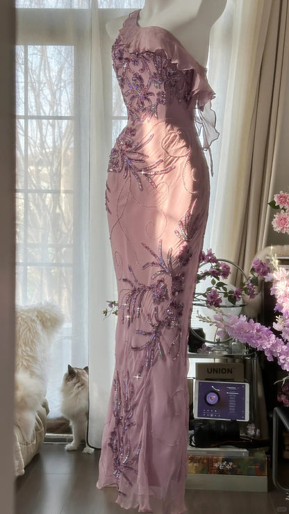 Pink Gradient Pink Fairy Beaded Chiffon Mermaid Evening Dress Prom Dre