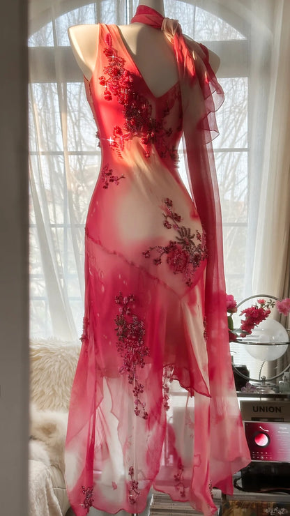Verträumtes Kleid mit verschwommenem Blumenmuster, Perlen und unregelmäßigem Chiffonrock, für den Abschlussball, P3298