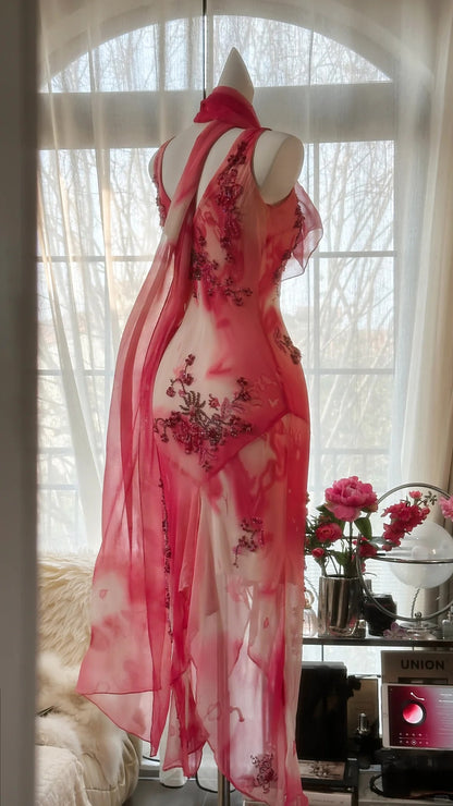 Verträumtes Kleid mit verschwommenem Blumenmuster, Perlen und unregelmäßigem Chiffonrock, für den Abschlussball, P3298