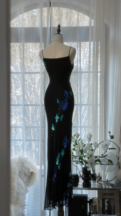 Vintage schwarzes Chiffonperlen-Meerjungfrauen-Abendkleid Ballkleid P3299
