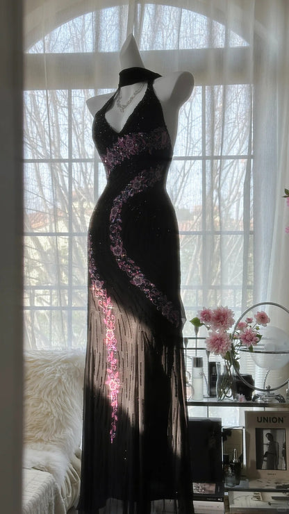 open lace back dress Anthropologie Let Me Be Crimped Black Chiffon Pink Floral Patterned l – The  Thrifty Hippy main image 1