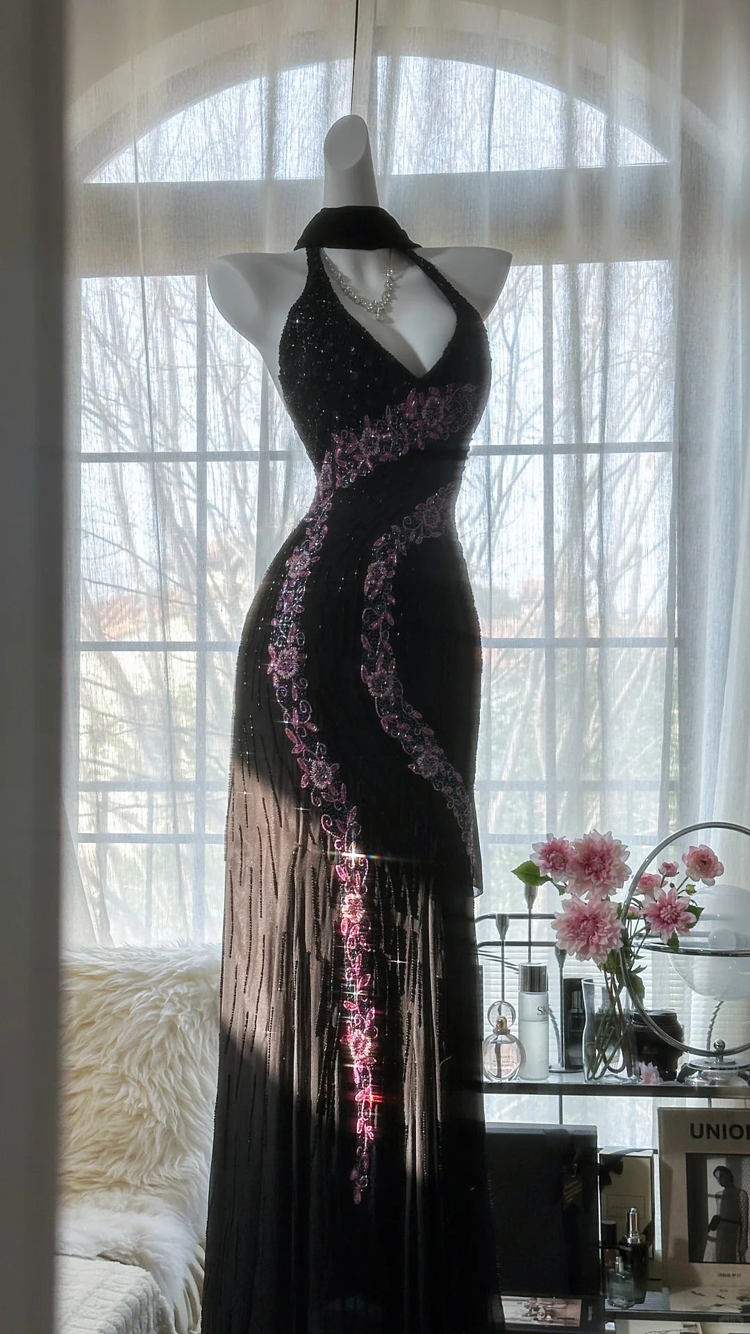 Vintage Black Pink Diamond Halter Neck Chiffon Mermaid Evening Gown Prom Dress P3300