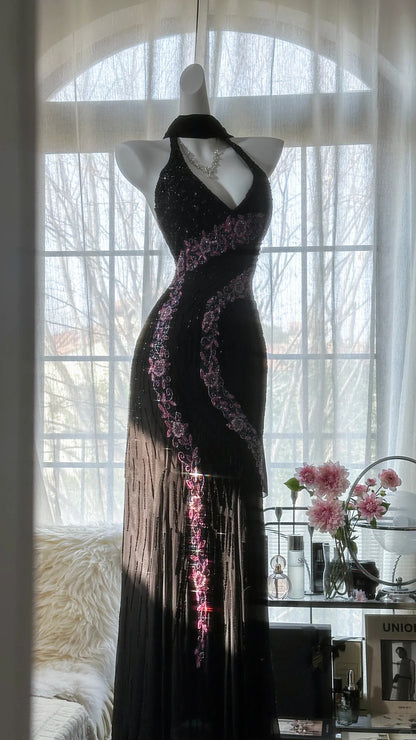 Vintage Black Pink Diamond Halter Neck Chiffon Mermaid Evening Gown Pr –  PreppyDress