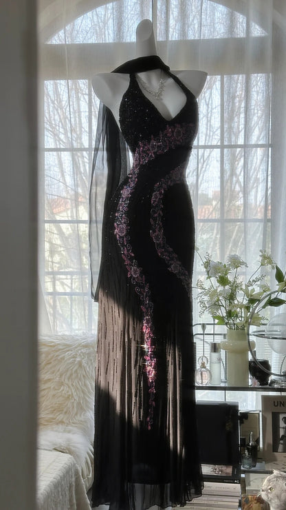 open lace back dress Vintage Black Pink Diamond Halter Neck Chiffon Mermaid Evening Gown Pr –  PreppyDress