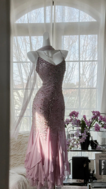 Atemberaubendes lila Chiffon-Ballkleid mit Perlen P3301