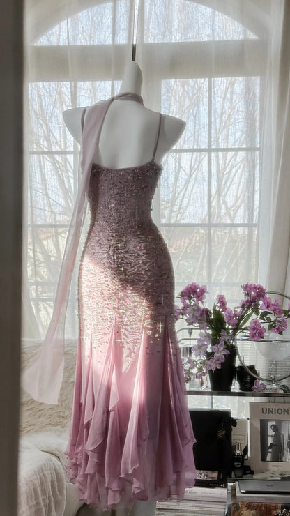 Atemberaubendes lila Chiffon-Ballkleid mit Perlen P3301