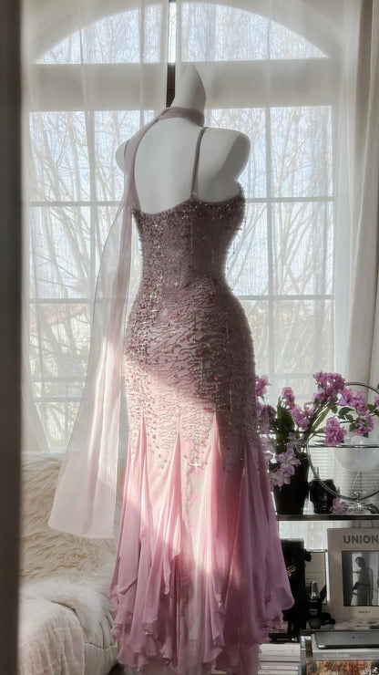 Atemberaubendes lila Chiffon-Ballkleid mit Perlen P3301