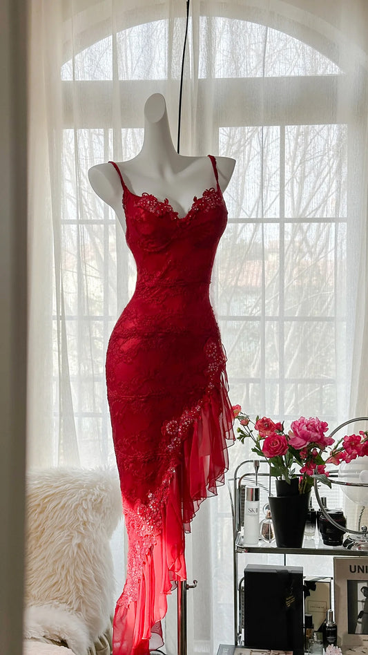 Sexy Red Lace Slanted Skirt Prom Dress P3303
