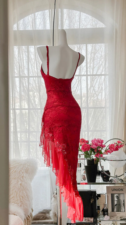 Sexy rotes Spitzen-Prom-Kleid mit schrägem Rock P3303