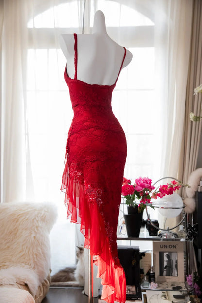 Sexy rotes Spitzen-Prom-Kleid mit schrägem Rock P3303