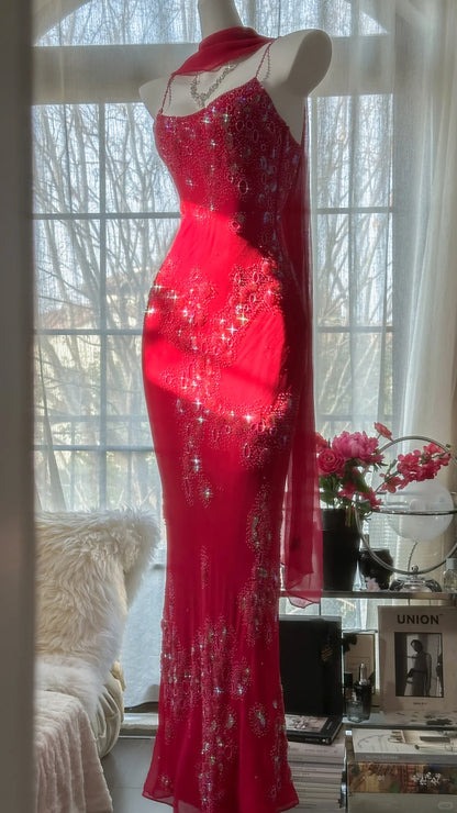 Glänzendes, perlenbesetztes, rotes Meerjungfrauen-Chiffon-Abendkleid Ballkleid P3304