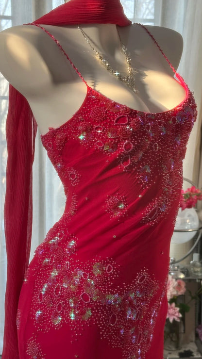 Glänzendes, perlenbesetztes, rotes Meerjungfrauen-Chiffon-Abendkleid Ballkleid P3304