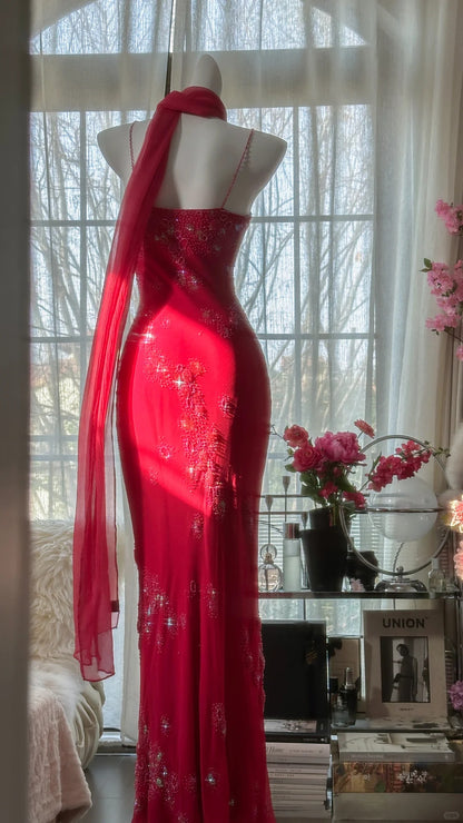 Glänzendes, perlenbesetztes, rotes Meerjungfrauen-Chiffon-Abendkleid Ballkleid P3304