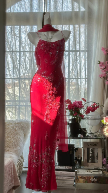 Glänzendes, perlenbesetztes, rotes Meerjungfrauen-Chiffon-Abendkleid Ballkleid P3304
