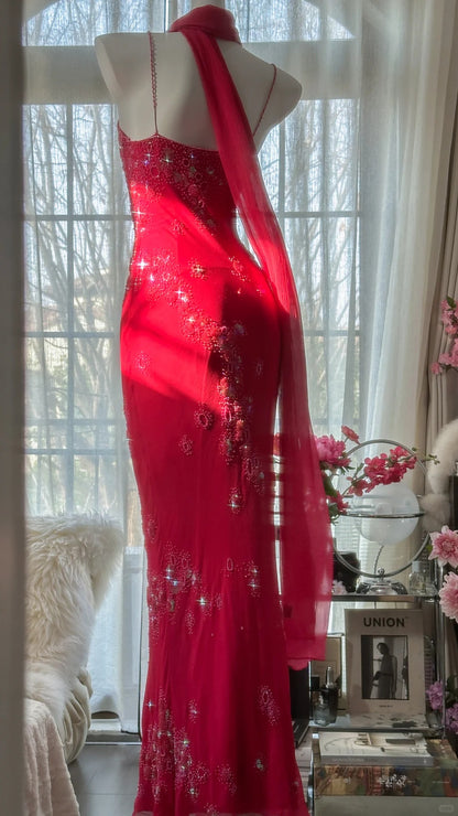 Glänzendes, perlenbesetztes, rotes Meerjungfrauen-Chiffon-Abendkleid Ballkleid P3304