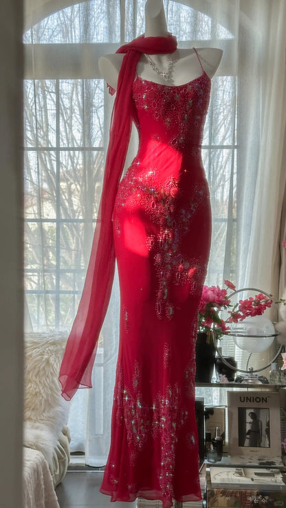 Glänzendes, perlenbesetztes, rotes Meerjungfrauen-Chiffon-Abendkleid Ballkleid P3304