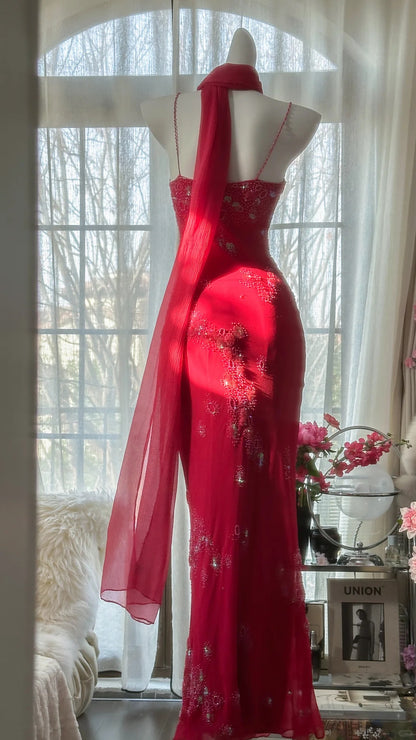 Glänzendes, perlenbesetztes, rotes Meerjungfrauen-Chiffon-Abendkleid Ballkleid P3304