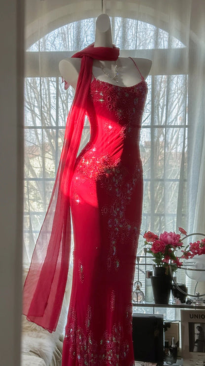 Glänzendes, perlenbesetztes, rotes Meerjungfrauen-Chiffon-Abendkleid Ballkleid P3304