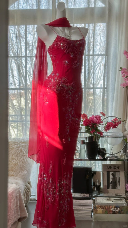 Glänzendes, perlenbesetztes, rotes Meerjungfrauen-Chiffon-Abendkleid Ballkleid P3304