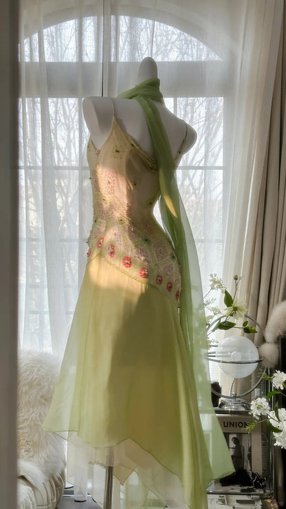 Flowing Grass Green Beaded Chiffon Irregular Hem Prom Dress P3306 – PreppyDress
