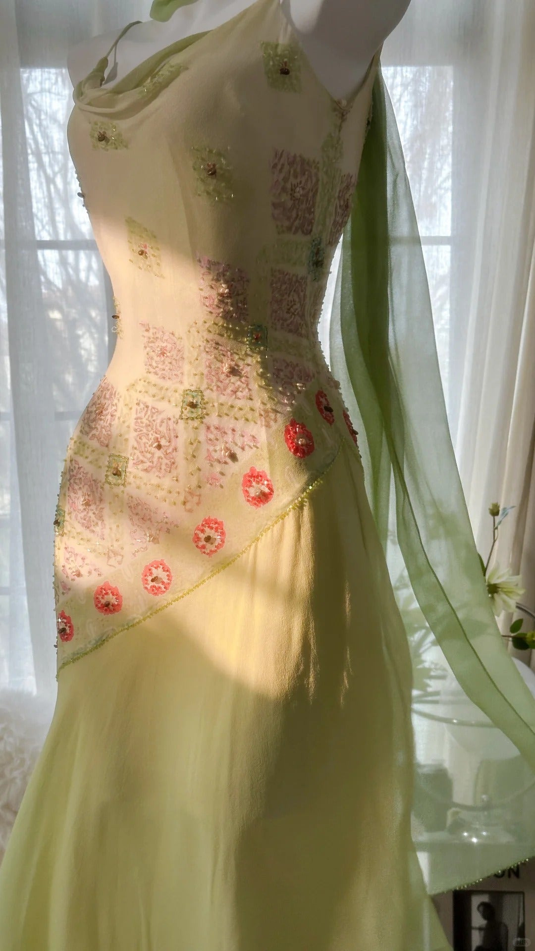 Flowing Grass Green Beaded Chiffon Irregular Hem Prom Dress P3306